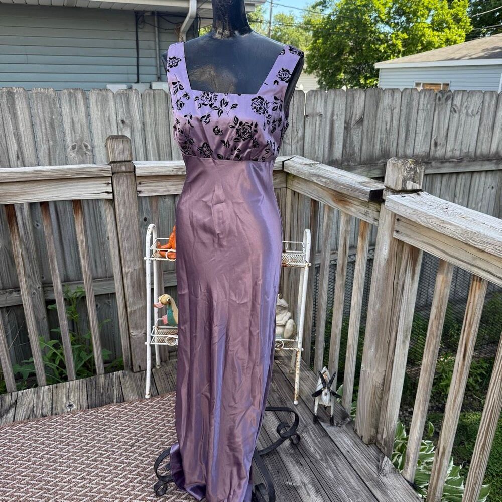 Y2K Be Smart Purple Satin Floral Flocked Maxi Dress Formal Prom Gown Size 5/6